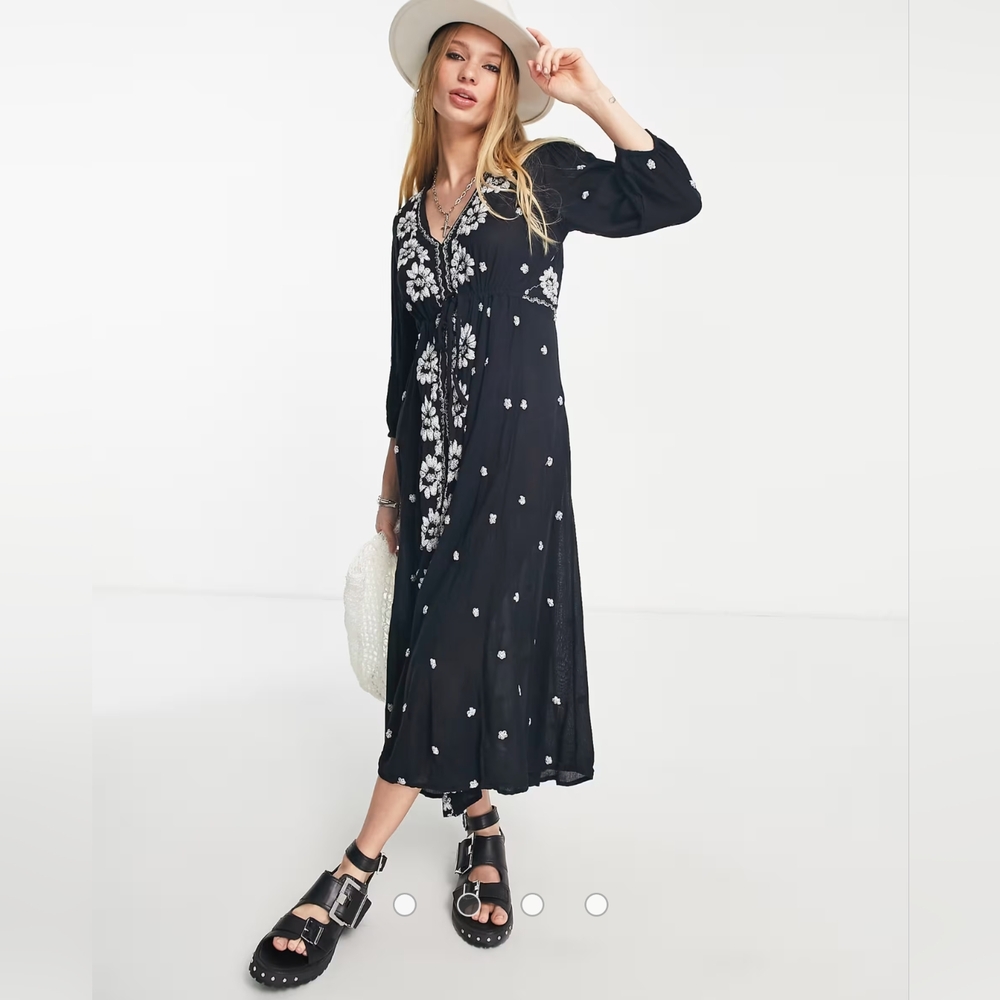 Free People Embroidered V Neck Midi Dress